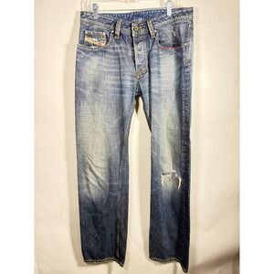 Diesel Men's Distressed Blue Denim Jeans Button Fly Straight Leg Size 33 Italy